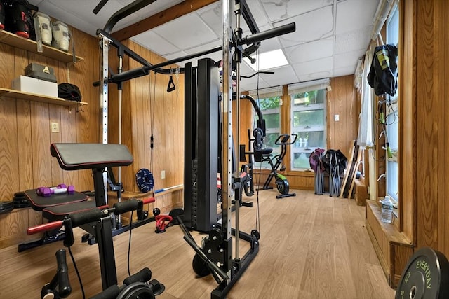 313 Walter St, Fall River, MA 02724 - exercise room with wood walls, light wood-type flooring, and a paneled ceiling
