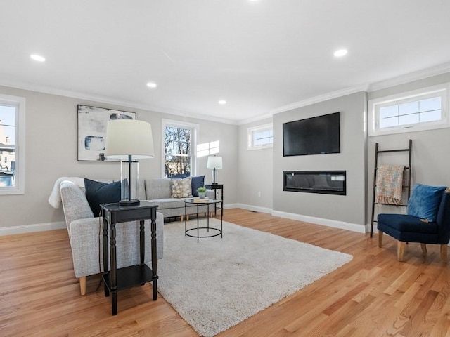 living room with light wood-type flooring and ornamental molding