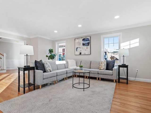 living room with crown molding and light hardwood / wood-style flooring