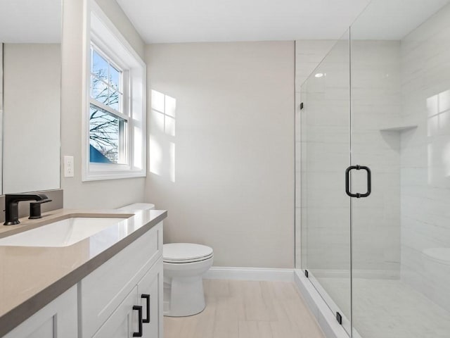 bathroom with toilet, vanity, an enclosed shower, and plenty of natural light