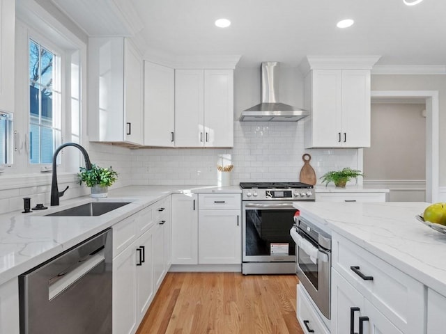 kitchen featuring appliances with stainless steel finishes, white cabinets, wall chimney range hood, decorative backsplash, and sink