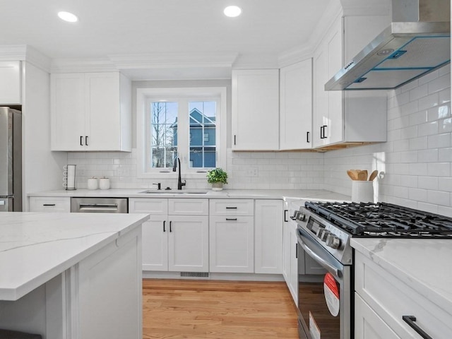 kitchen with appliances with stainless steel finishes, decorative backsplash, wall chimney range hood, white cabinets, and sink