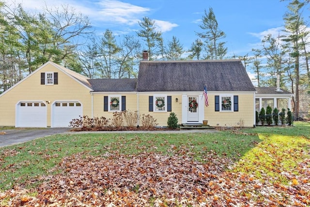 colonial inspired home with an attached garage, a front lawn, roof with shingles, a chimney, and driveway