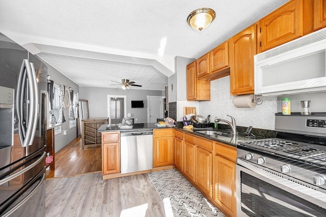 kitchen with a ceiling fan, a peninsula, stainless steel appliances, light wood-type flooring, and a sink