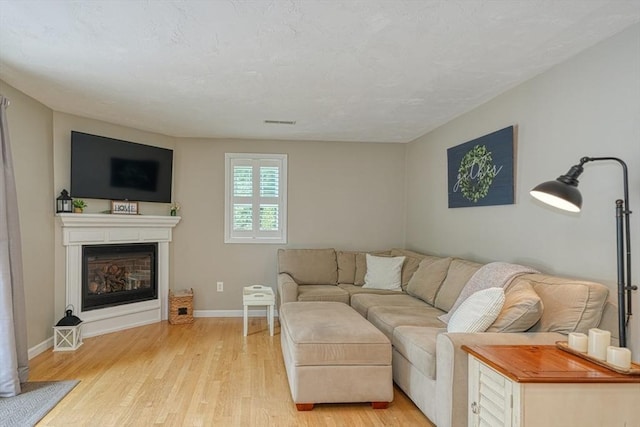 7 Luan Cir, Chelmsford, MA 01824 - living area featuring light wood-style flooring, a glass covered fireplace, and baseboards
