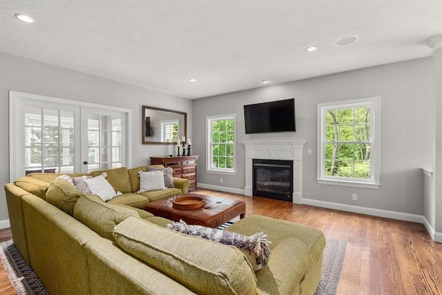 23 Crimson Dr, Shrewsbury, MA 01545 - living room featuring baseboards, a glass covered fireplace, wood finished floors, and recessed lighting