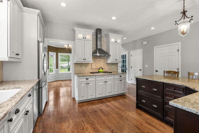 23 Crimson Dr, Shrewsbury, MA 01545 - kitchen featuring wall chimney range hood, appliances with stainless steel finishes, white cabinetry, and recessed lighting