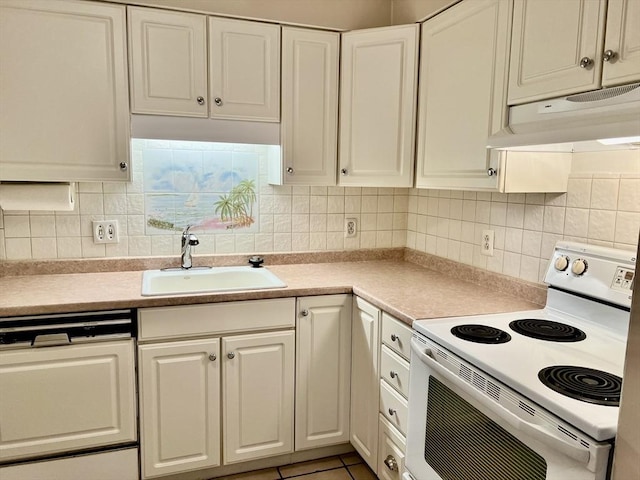 kitchen with white range with electric stovetop, a sink, under cabinet range hood, dishwasher, and light countertops