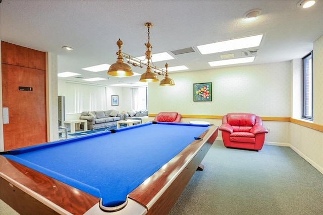 game room featuring a skylight, carpet, and billiards table