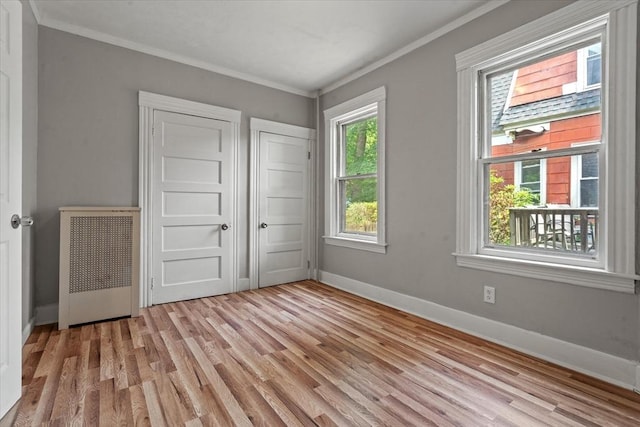 8 Hobson Ave, Worcester, MA 01603 - unfurnished bedroom with crown molding, radiator heating unit, and light wood finished floors