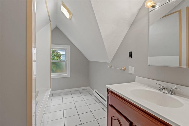 8 Hobson Ave, Worcester, MA 01603 - full bath with vaulted ceiling, vanity, a tub, tile patterned flooring, and baseboard heating