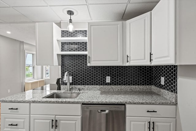 8 Hobson Ave, Worcester, MA 01603 - kitchen featuring dishwasher, white cabinetry, backsplash, open shelves, and a paneled ceiling