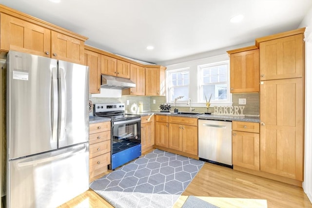 kitchen featuring stainless steel appliances, sink, decorative backsplash, and light wood-type flooring