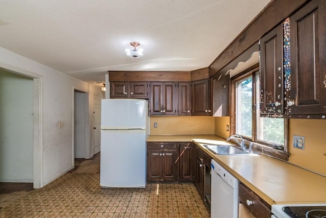 231 Audubon Rd, Northampton, MA 01053 - kitchen featuring white appliances, a sink, light countertops, and dark brown cabinetry