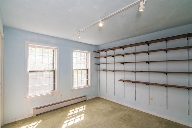 231 Audubon Rd, Northampton, MA 01053 - empty room with a baseboard radiator, rail lighting, carpet floors, and baseboards