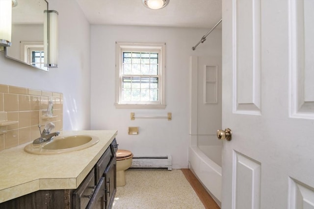 231 Audubon Rd, Northampton, MA 01053 - full bath featuring a baseboard radiator, vanity, toilet, decorative backsplash, and tub / shower combination