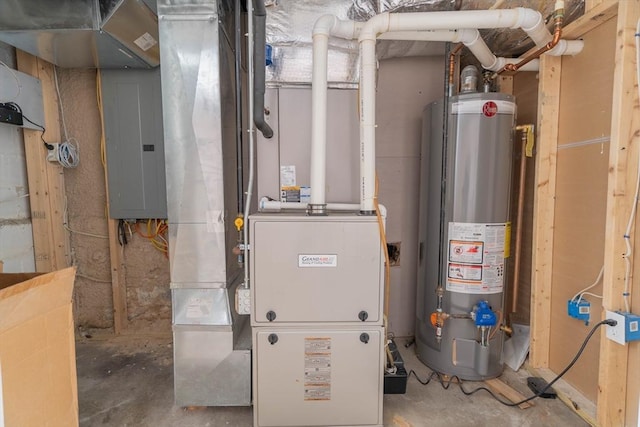 utility room featuring electric panel and gas water heater