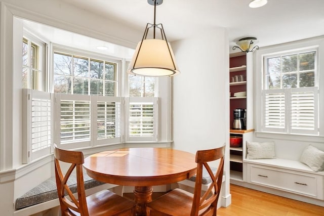 dining space with plenty of natural light and light wood-type flooring