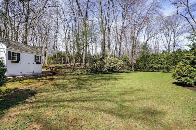 view of yard with a storage shed