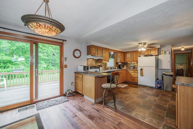 453 Homestead Ave, Holyoke, MA 01040 - kitchen with white appliances, under cabinet range hood, a textured ceiling, backsplash, and a peninsula