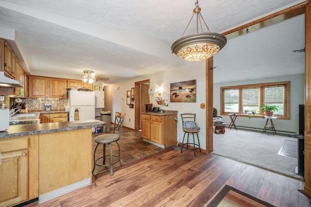 453 Homestead Ave, Holyoke, MA 01040 - kitchen with freestanding refrigerator, under cabinet range hood, a textured ceiling, a chandelier, and a baseboard radiator