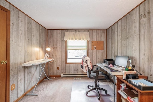 453 Homestead Ave, Holyoke, MA 01040 - office area featuring carpet flooring, baseboards, a baseboard heating unit, and wood walls