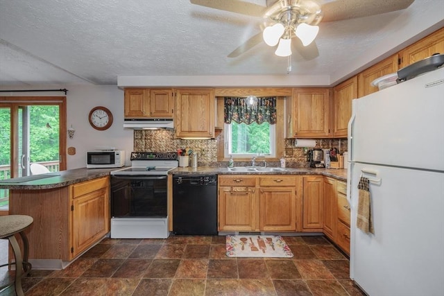 453 Homestead Ave, Holyoke, MA 01040 - kitchen with white appliances, under cabinet range hood, a peninsula, plenty of natural light, and a textured ceiling