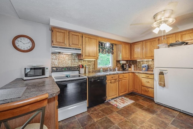 453 Homestead Ave, Holyoke, MA 01040 - kitchen with white appliances, under cabinet range hood, a sink, tasteful backsplash, and a textured ceiling