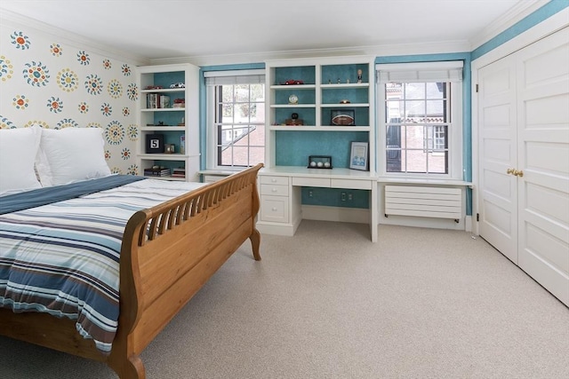 bedroom featuring multiple windows, light carpet, and crown molding