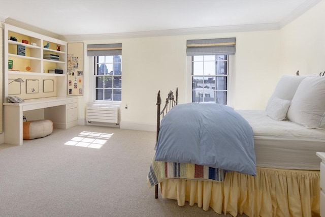 bedroom featuring carpet flooring, crown molding, multiple windows, and baseboards