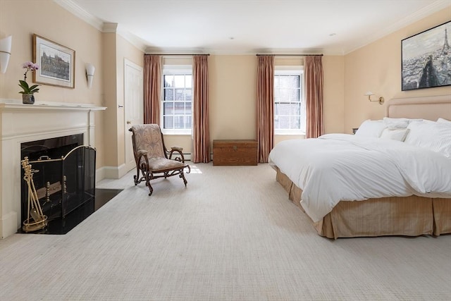 bedroom with a fireplace with flush hearth, baseboard heating, crown molding, and carpet floors