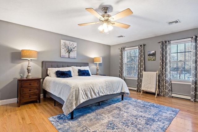 bedroom featuring light wood-style flooring, multiple windows, visible vents, and baseboards