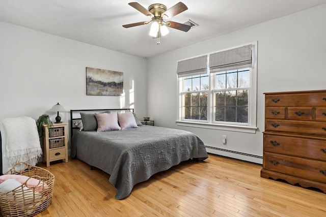 bedroom with a baseboard heating unit, visible vents, ceiling fan, and light wood finished floors