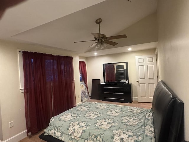 bedroom featuring recessed lighting, baseboards, ceiling fan, and vaulted ceiling