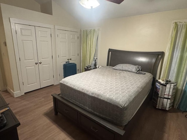 bedroom featuring multiple closets, a ceiling fan, lofted ceiling, and wood finished floors