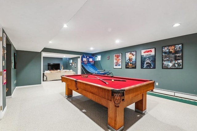 playroom featuring billiards, carpet flooring, and a baseboard heating unit