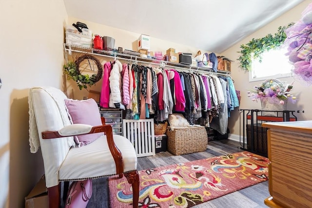 spacious closet featuring wood finished floors and lofted ceiling