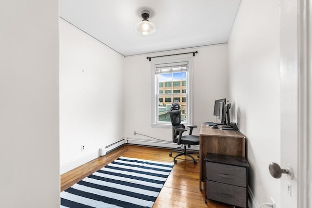 office space with wood-type flooring and a baseboard radiator