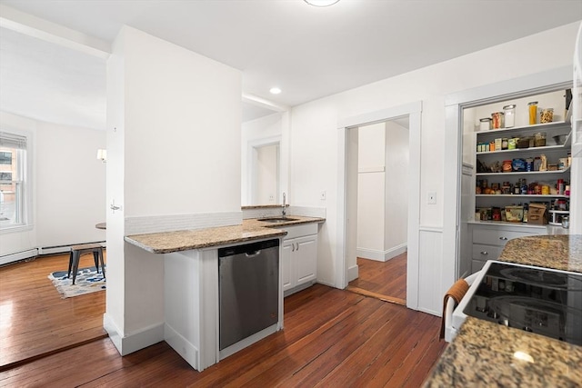 kitchen featuring sink, dark hardwood / wood-style flooring, dishwasher, electric stove, and light stone countertops