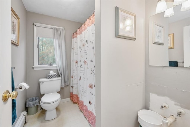 full bath featuring a shower with curtain, toilet, baseboards, tile patterned floors, and a baseboard radiator