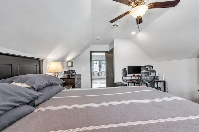 bedroom featuring vaulted ceiling and ceiling fan