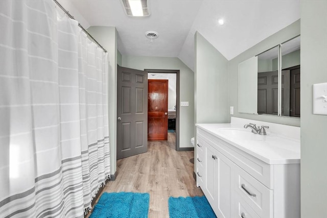 bathroom featuring wood-type flooring, toilet, and vanity