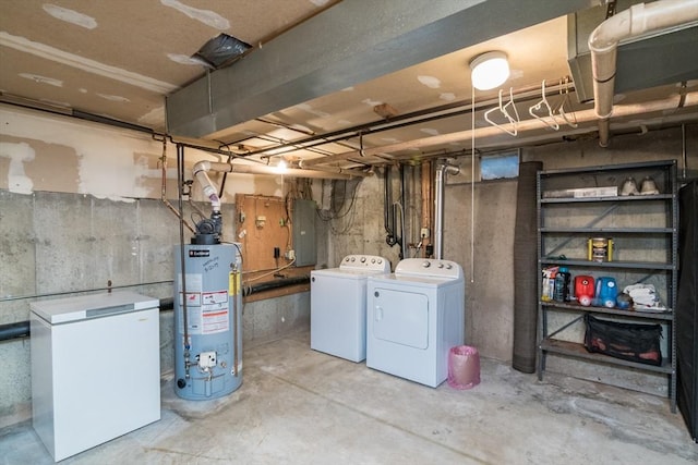 unfinished below grade area with separate washer and dryer, electric panel, water heater, and fridge