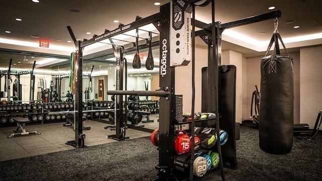 workout area featuring a raised ceiling