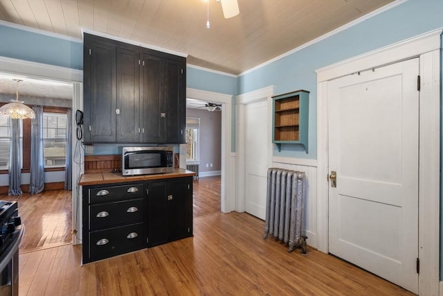 kitchen featuring stainless steel appliances, pendant lighting, radiator heating unit, and ceiling fan