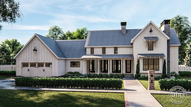 modern inspired farmhouse with a front yard and a chimney