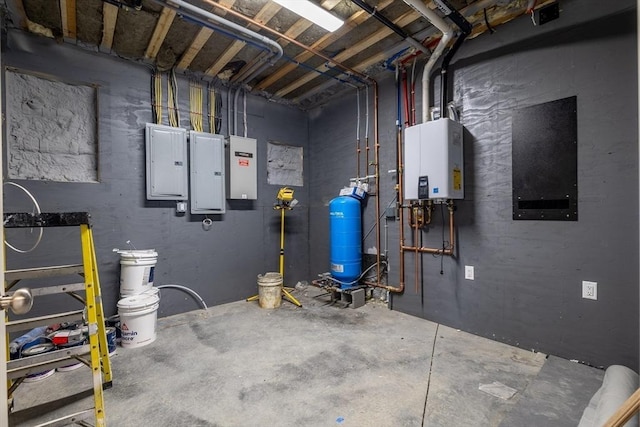 utility room featuring electric panel and tankless water heater