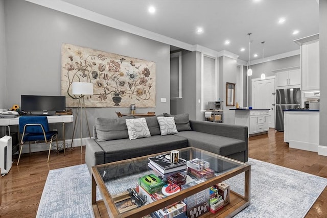 1411 Washington St Unit 4, Boston, MA 02118 - living room featuring crown molding, wood finished floors, an office area, and recessed lighting