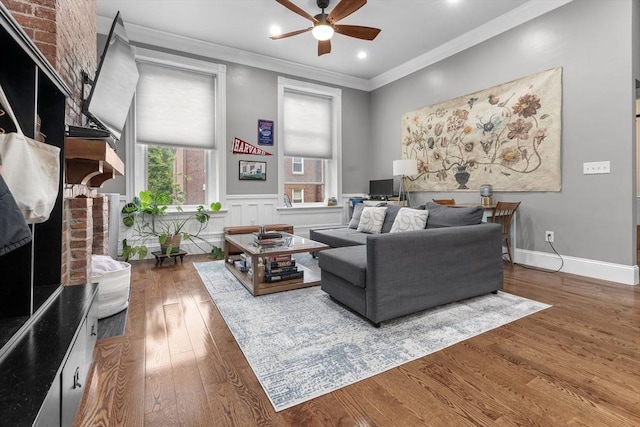 1411 Washington St Unit 4, Boston, MA 02118 - living room featuring a ceiling fan, wood finished floors, ornamental molding, and recessed lighting