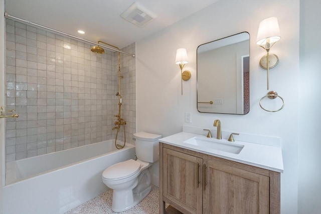6 Hitching Post Ln, Wilbraham, MA 01095 - bathroom with toilet, vanity,  shower combination, speckle patterned floor, and recessed lighting